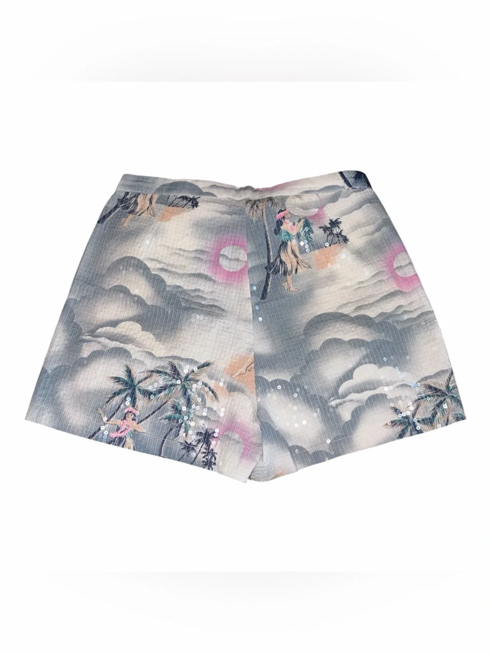 Le Superbe Tropical Sequin Resort Shorts Island & Palm Tree Print Size 8 - Picture 3 of 3